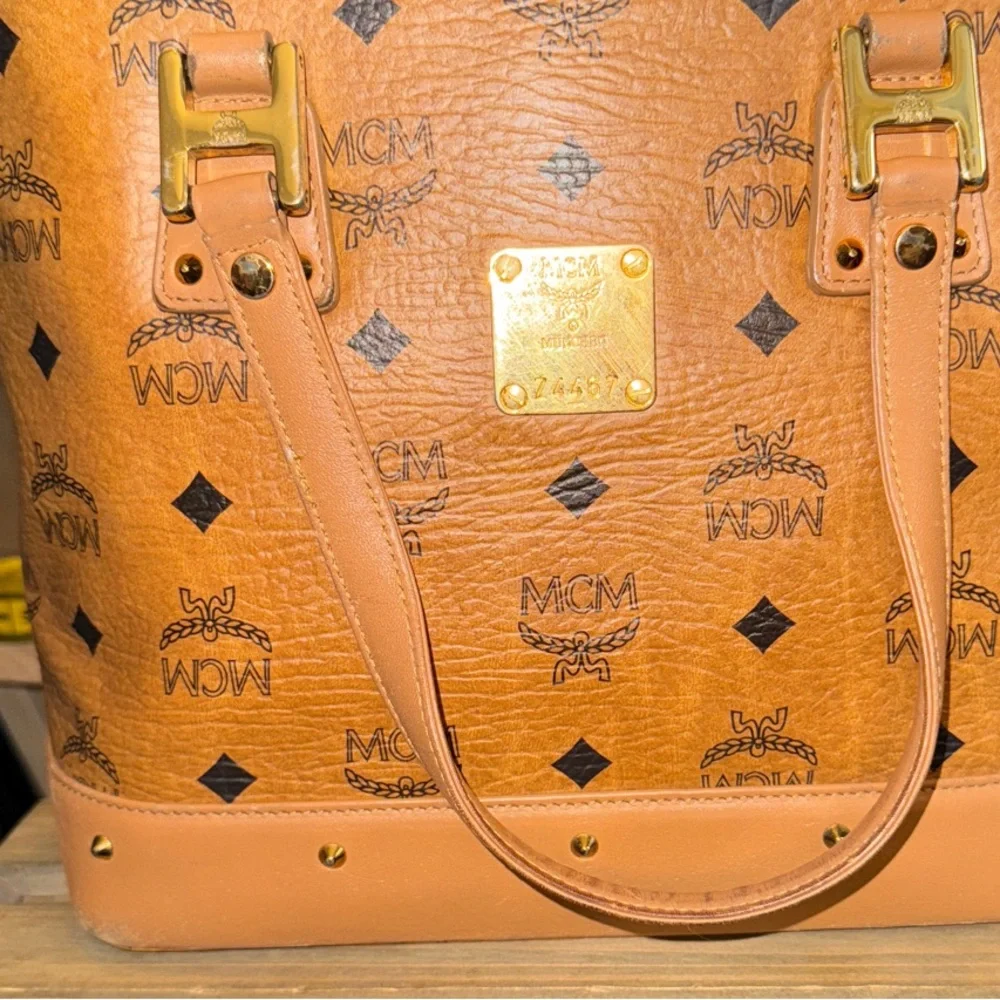 MCM Mini Cognac Leather Tote with Logo Pattern - Picture 4 of 16